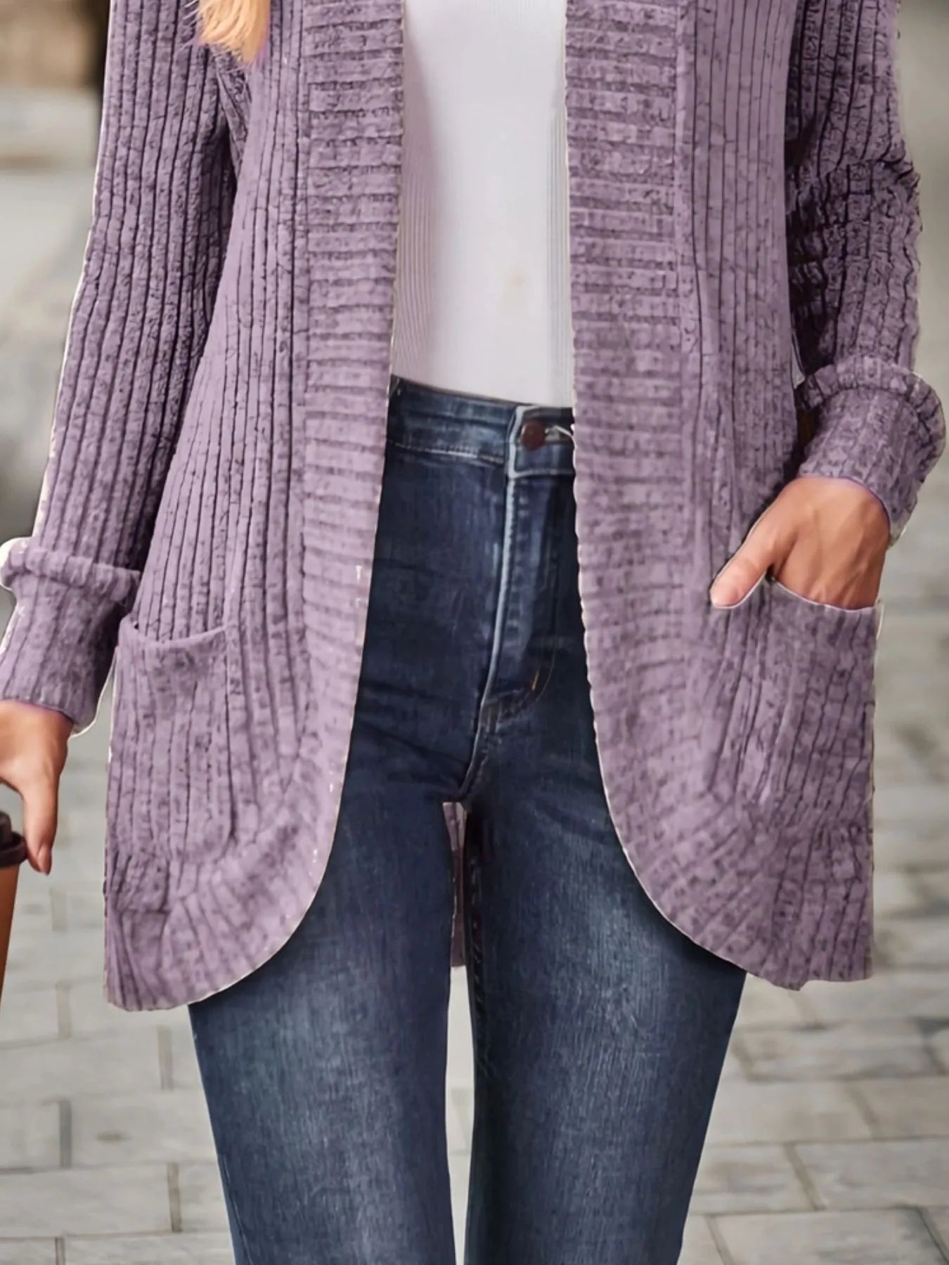 Ribbed Open Front Long Cardigan with Pockets - Tigbul's Variety Fashion Shop