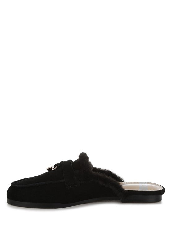 Bosnia Suede & Faux Fur Slip On Mules - Tigbul's Variety Fashion Shop