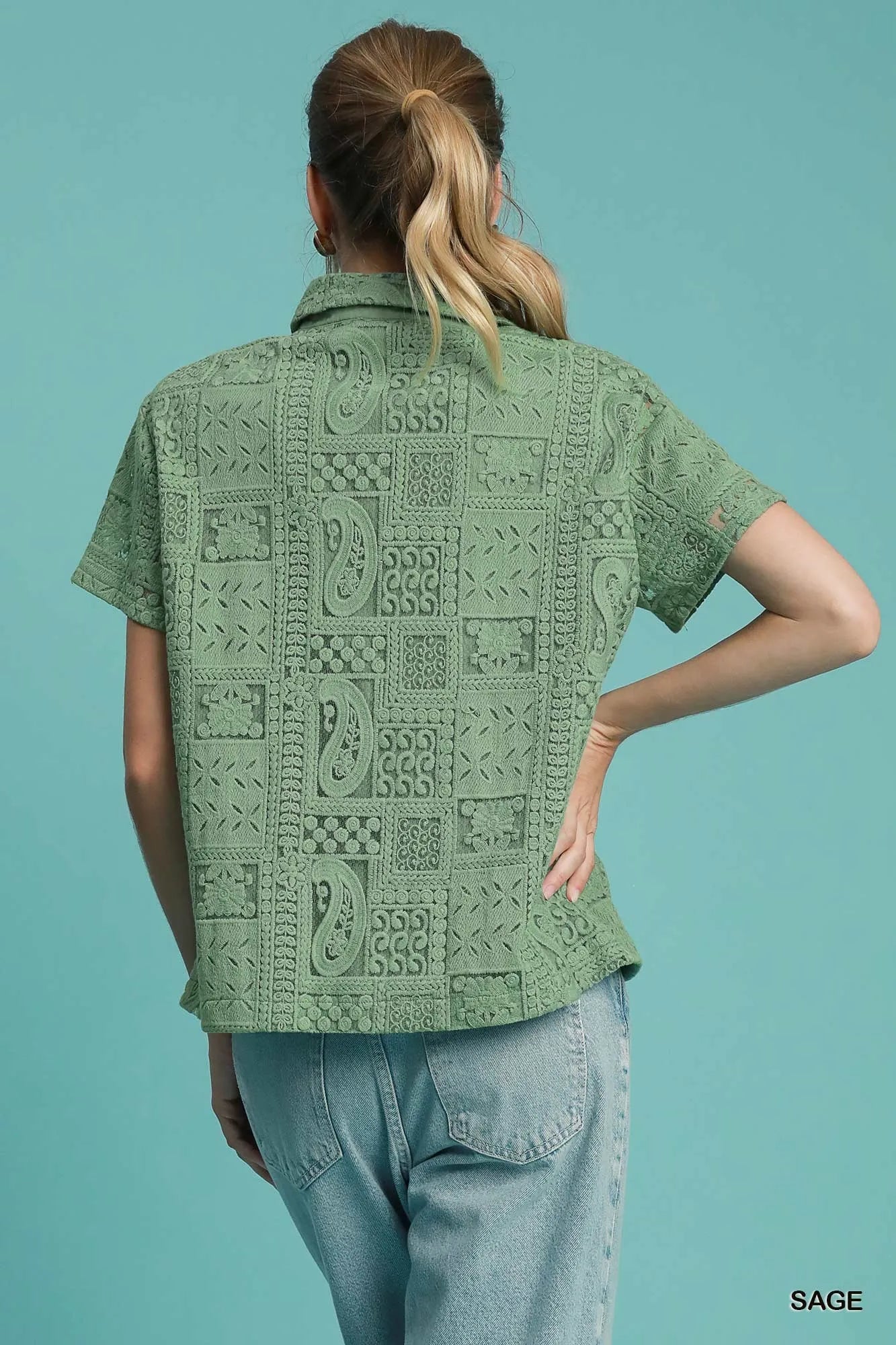 Umgee Patch Lace Short Sleeve Button Down Shirt - Tigbul's Variety Fashion Shop