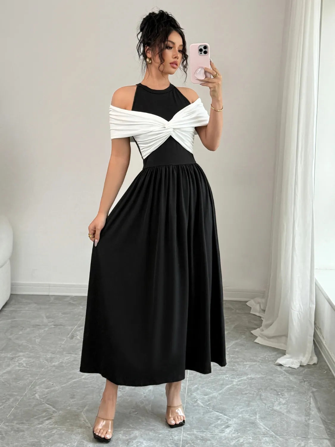 Twisted Contrast Cold Shoulder Midi Dress - Tigbul's Variety Fashion Shop