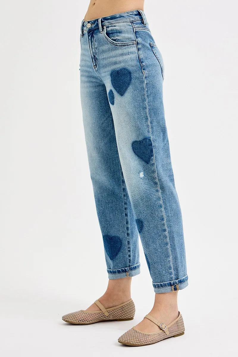 RISEN Full Size Mid Rise Fit-boyfriend Heart Shade Jeans Plus Size - Tigbul's Variety Fashion Shop