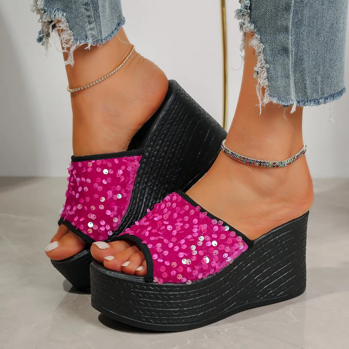 Rhinestone Peep Toe Wedge Sandals - Tigbul's Variety Fashion Shop