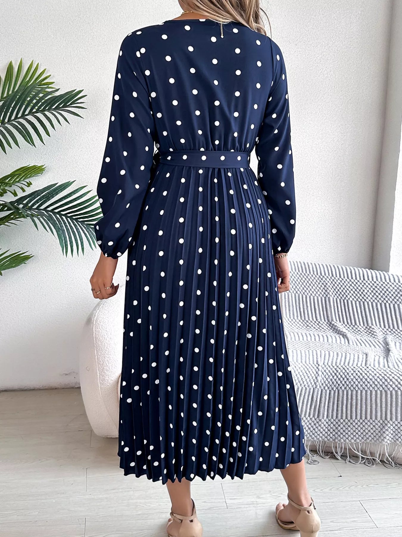 Front Tie Polka Dot Midi Pleated Dress - Tigbul's Variety Fashion Shop