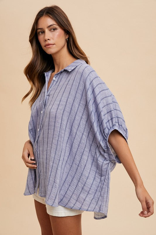 Dusty Blue Striped Button Up Half Sleeve Shirt - Tigbul's Variety Fashion Shop