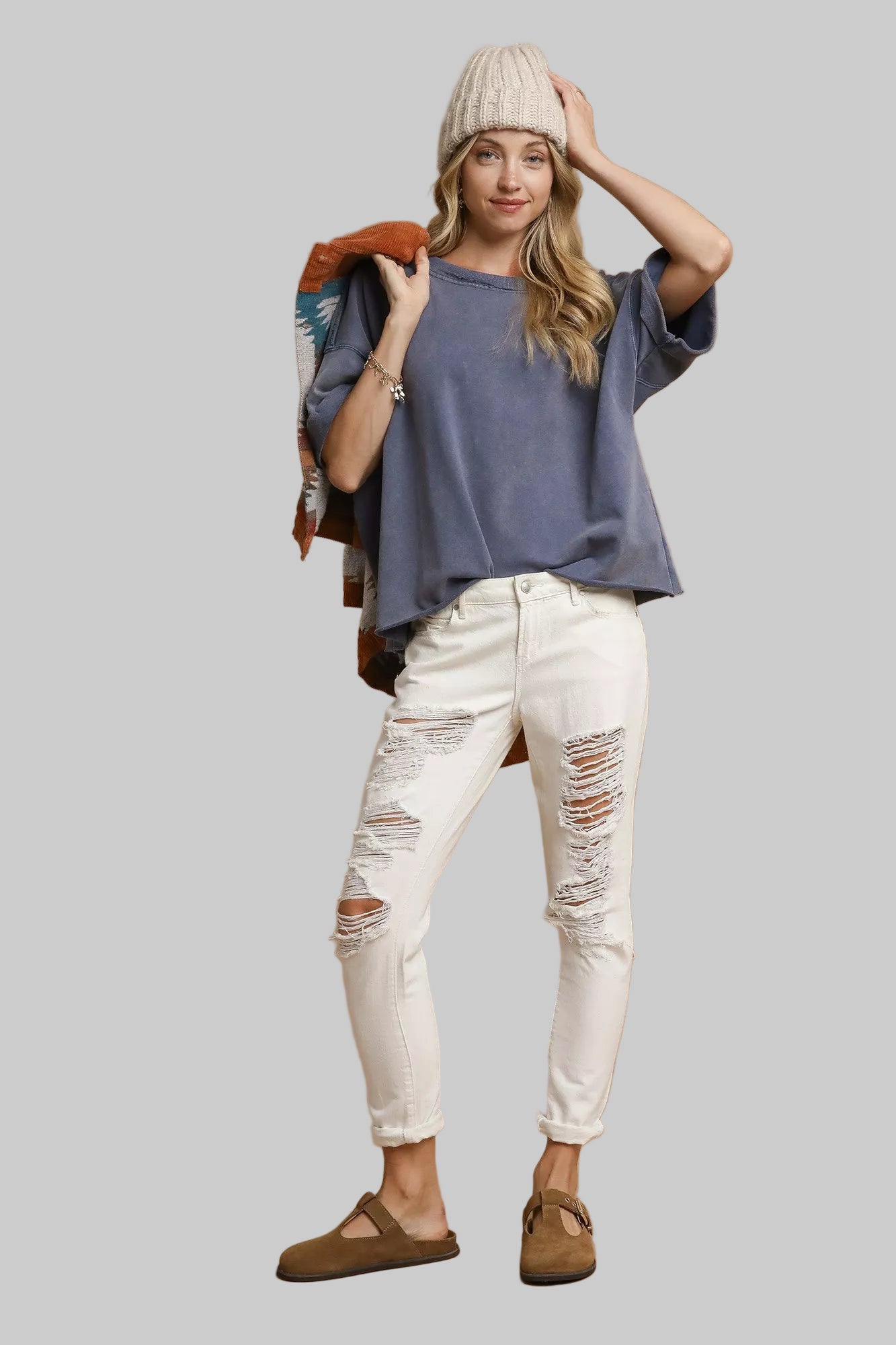 Denim Blue Mineral Wash Round Neck Top - Tigbul's Variety Fashion Shop