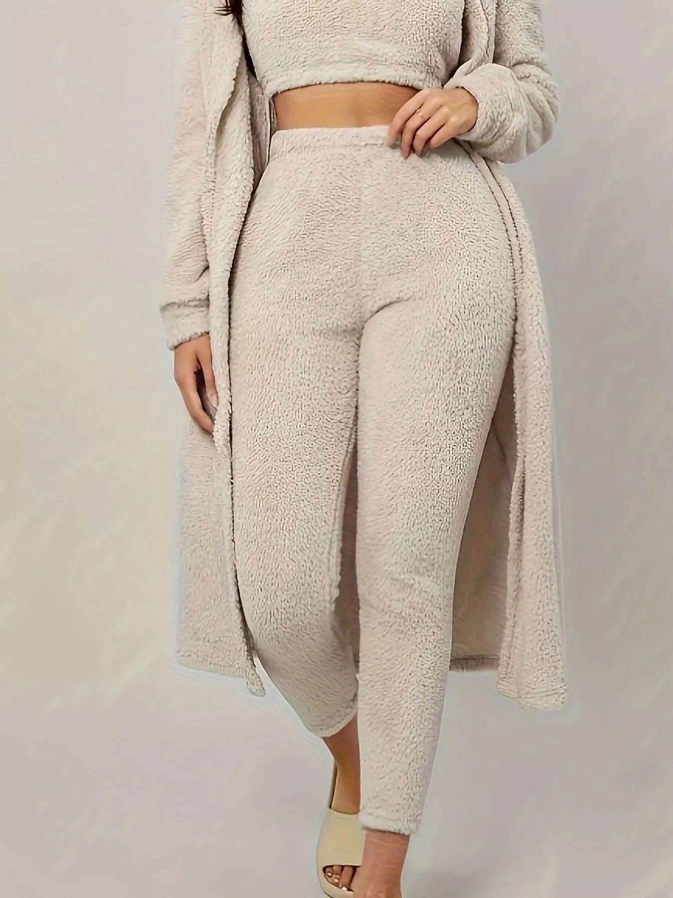 Fuzzy Tank Long Sleeve Cardigan and Pants 3-Piece Lounge Set - Tigbul's Variety Fashion Shop