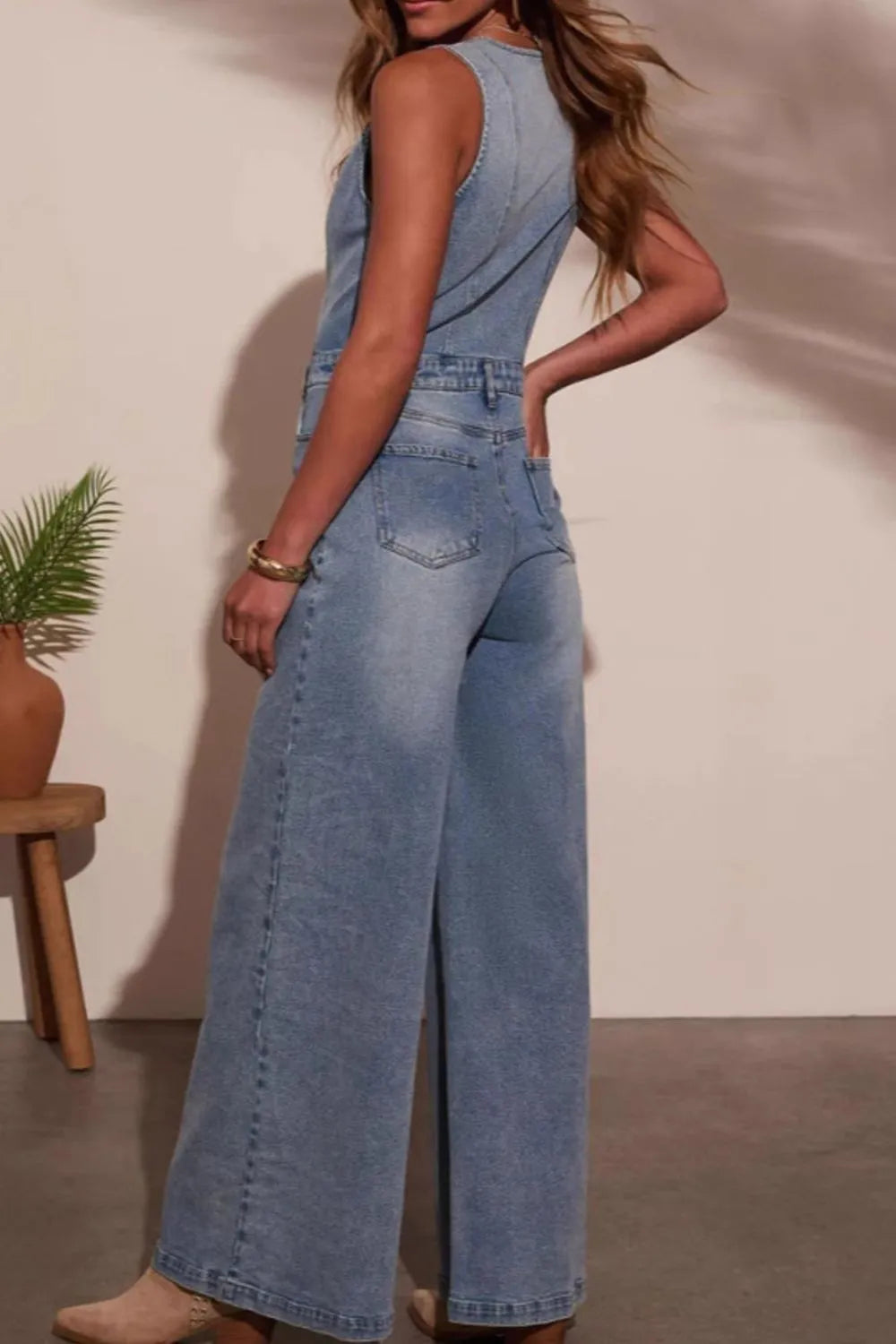 V-neck Wide Leg Denim Jumpsuit - Tigbul's Variety Fashion Shop