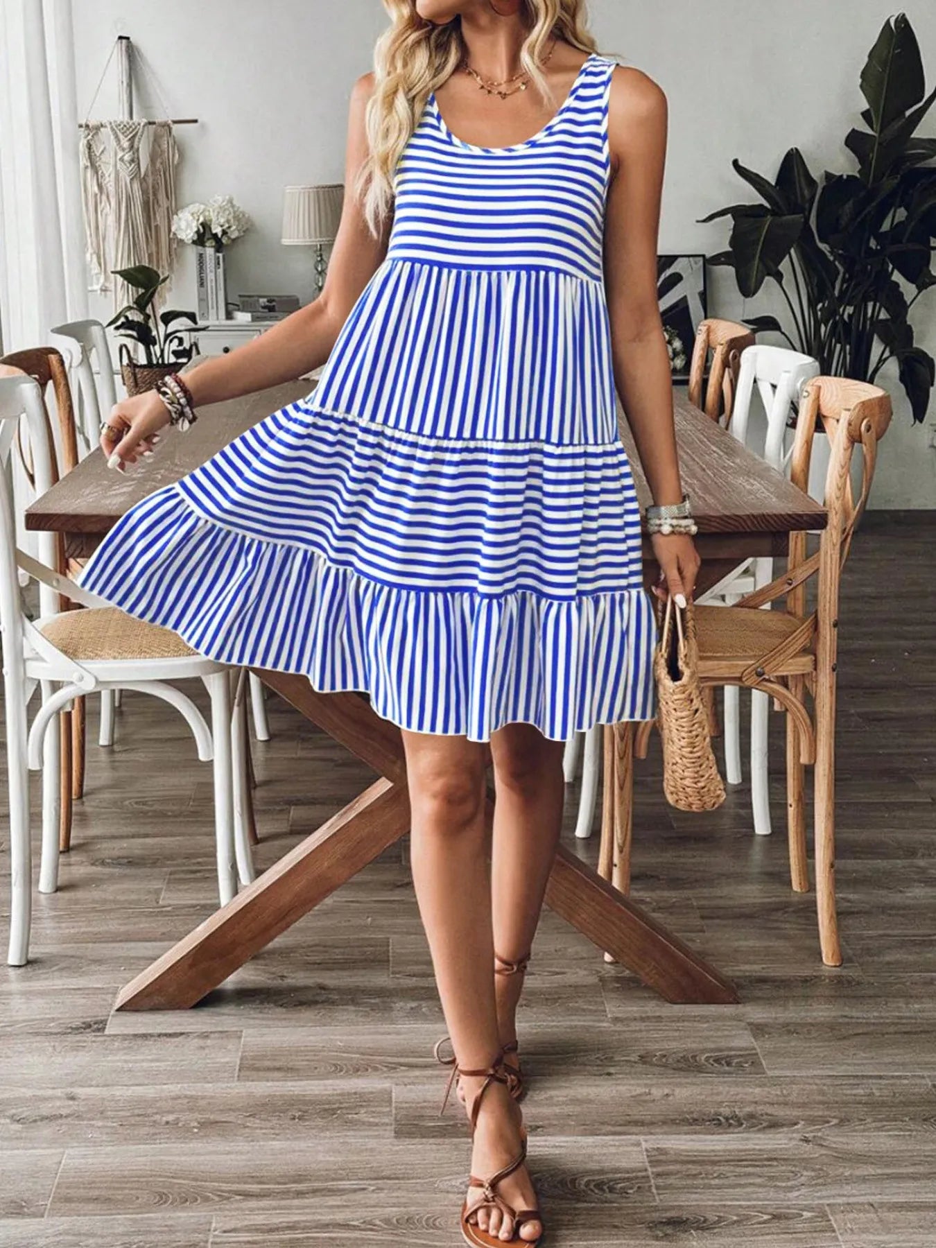 Casual Striped Tiered Ruffle Tank Dress - Tigbul's Variety Fashion Shop