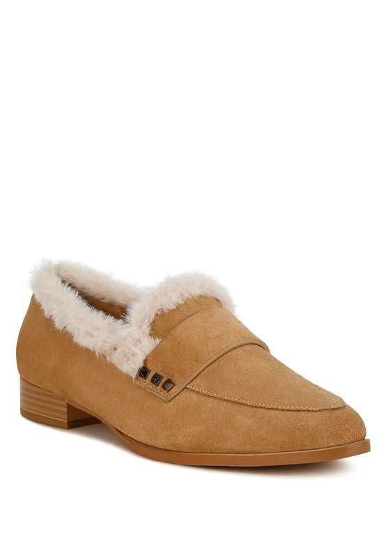 Allie Fur Trim Genuine Suede Loafers - Tigbul's Variety Fashion Shop