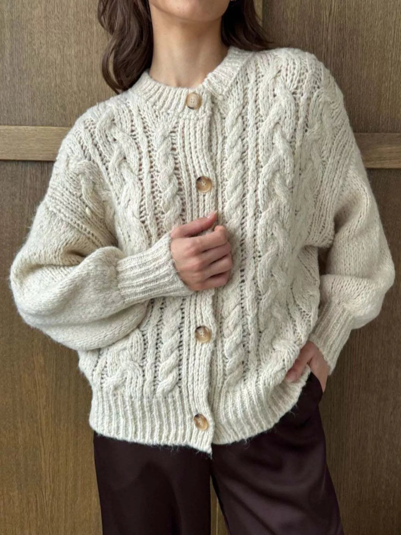Cable Knit Button-Down Cardigan - Tigbul's Variety Fashion Shop