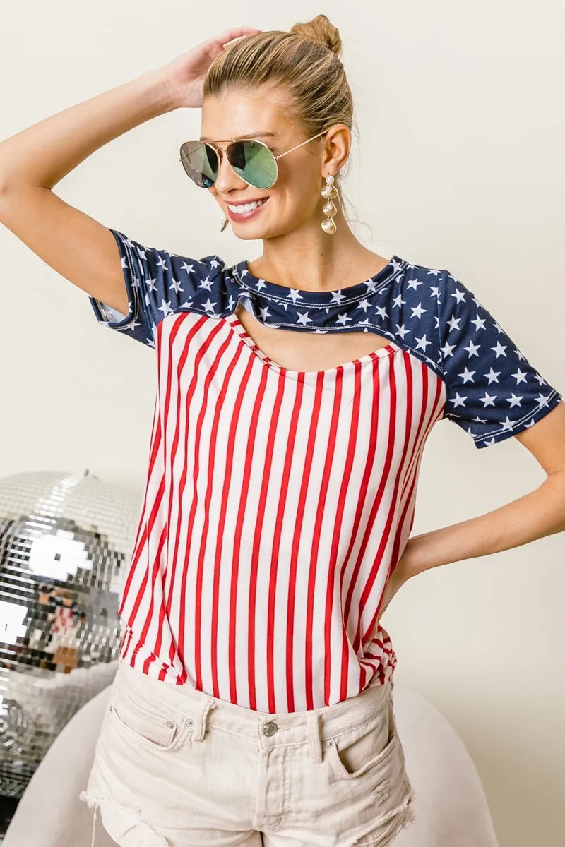 American Flag Theme Front Cut Out Top - Tigbul's Variety Fashion Shop