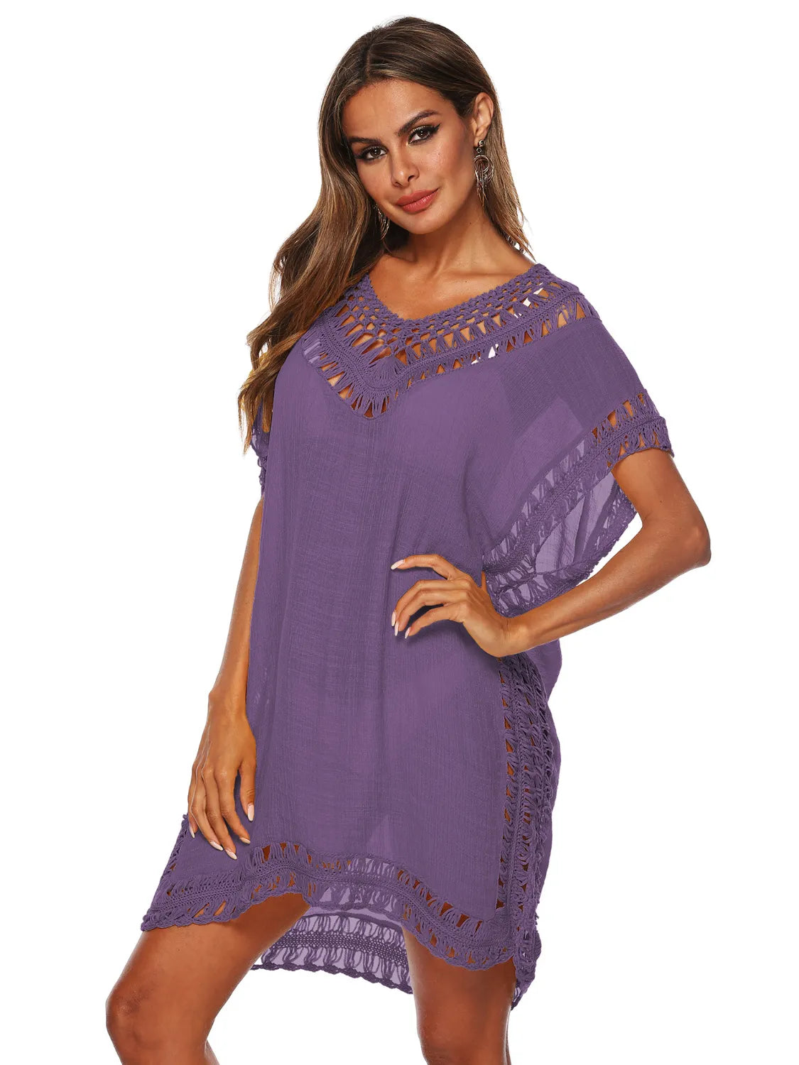 Bohemian Crochet Trim Beach Cover Up Dress - Tigbul's Variety Fashion Shop