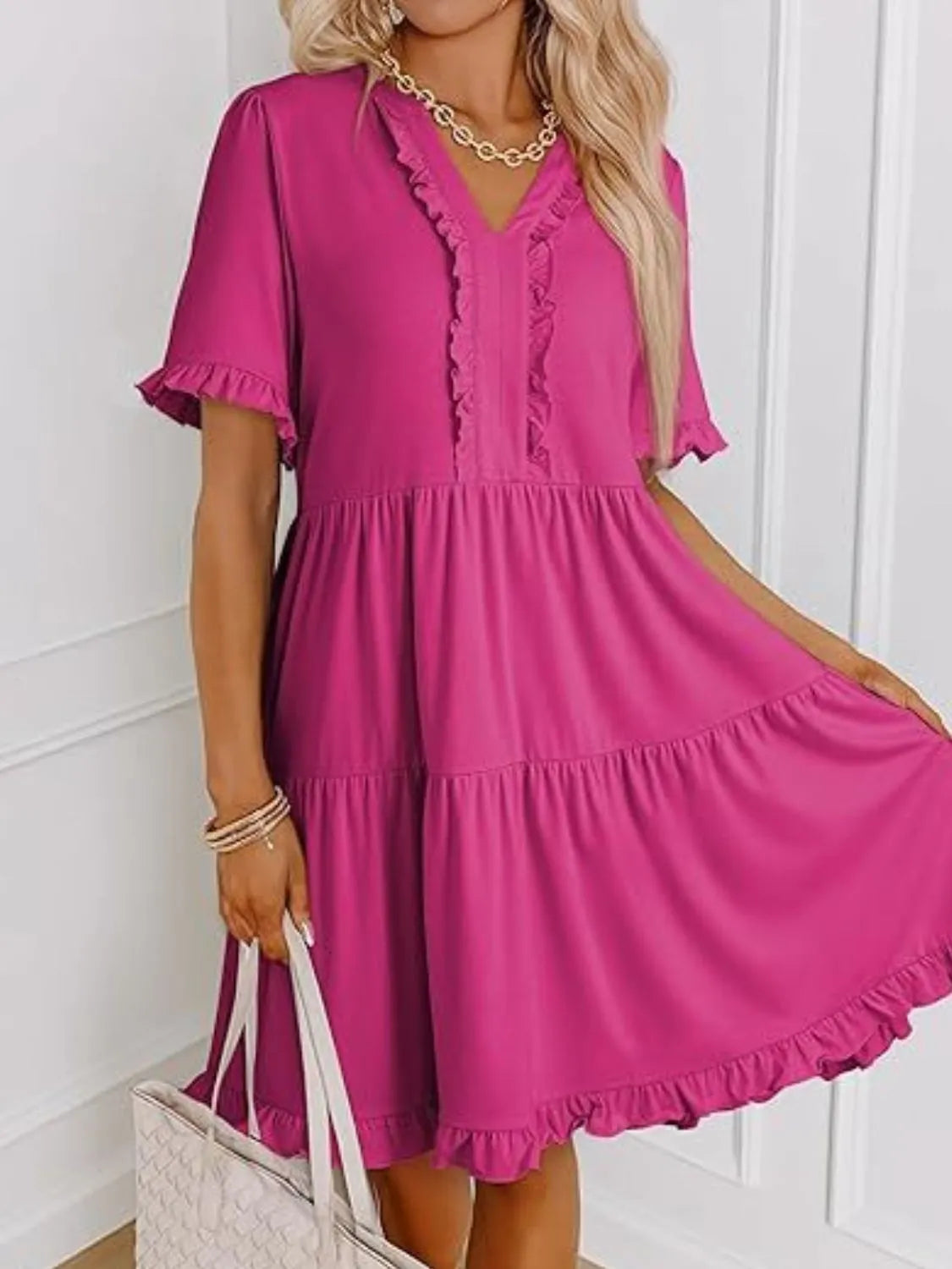 Tiered Notched Short Sleeve Mini Dress - Tigbul's Variety Fashion Shop