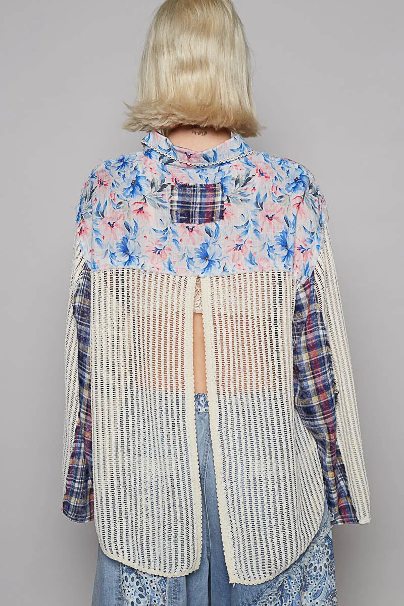 POL Floral Slit Back Plaid Patchwork Shirt - Tigbul's Variety Fashion Shop