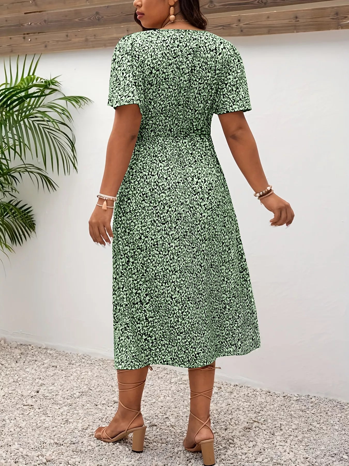 Plus Size Printed V-Neck Short Sleeve Midi Dress - Tigbul's Variety Fashion Shop