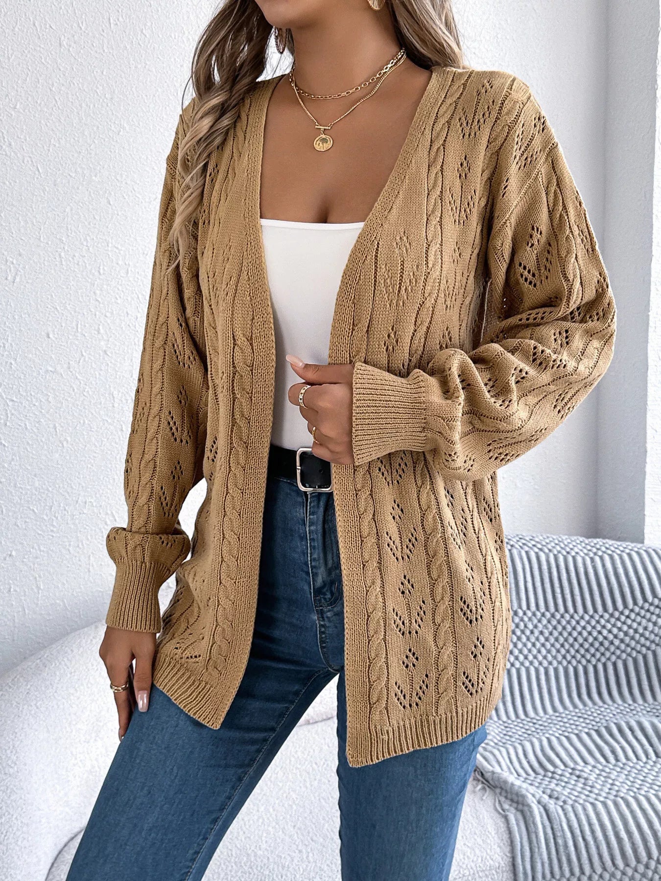 Openwork Open Front Long Sleeve Cardigan - Tigbul's Variety Fashion Shop