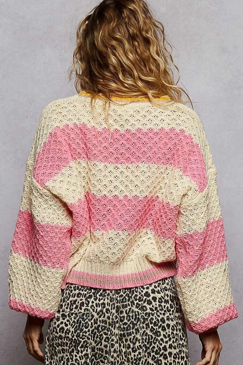 POL Contrast Striped Round Neck Sweater with Textured Cable Knit Pattern - Tigbul's Variety Fashion Shop
