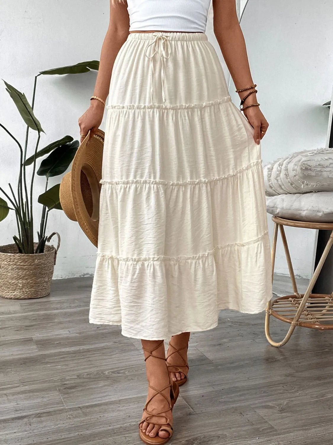 Drawstring Frill Tiered Cream Color Skirt - Tigbul's Variety Fashion Shop
