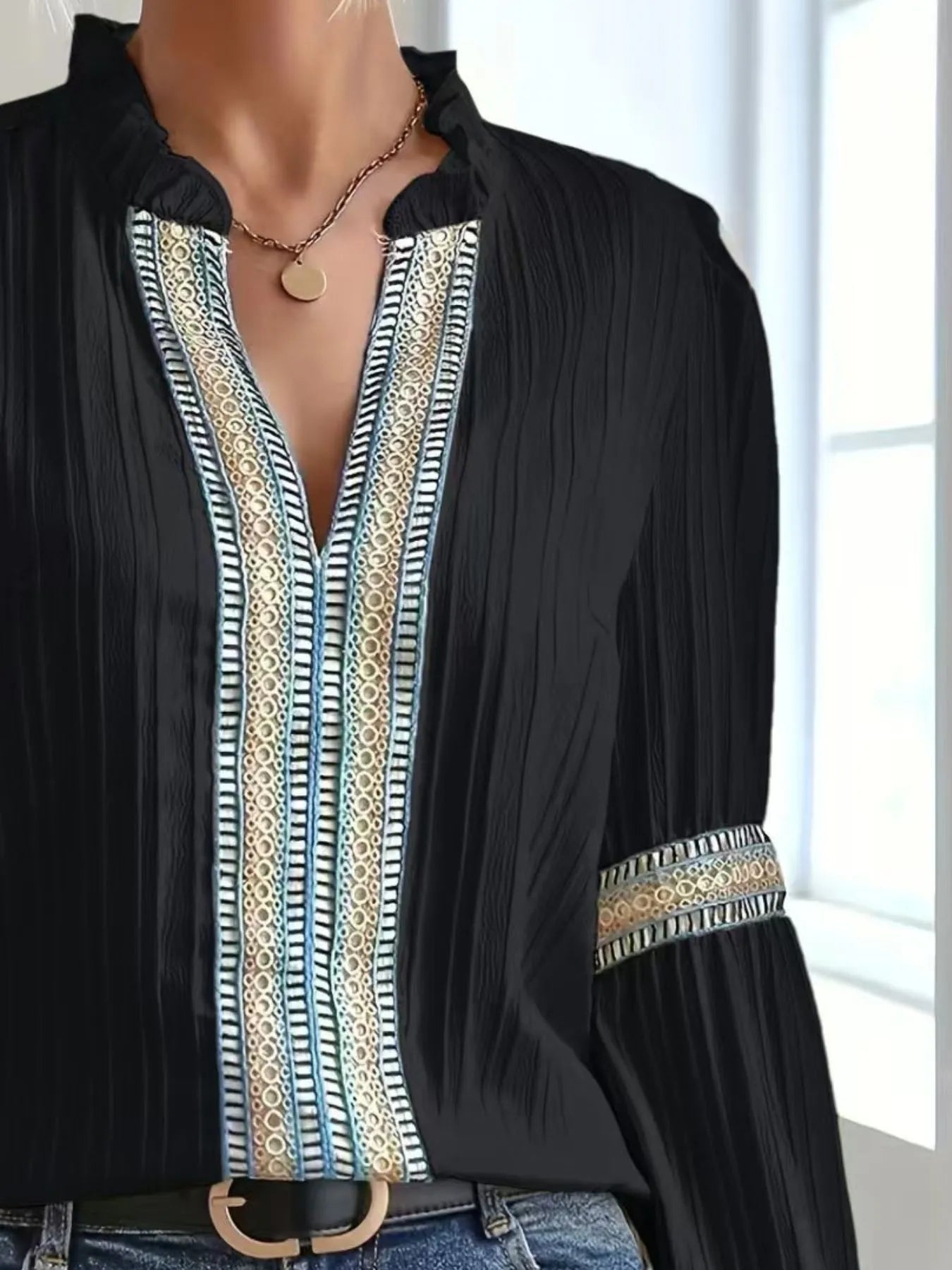 Notched Textured Balloon Sleeve Blouse - Tigbul's Variety Fashion Shop