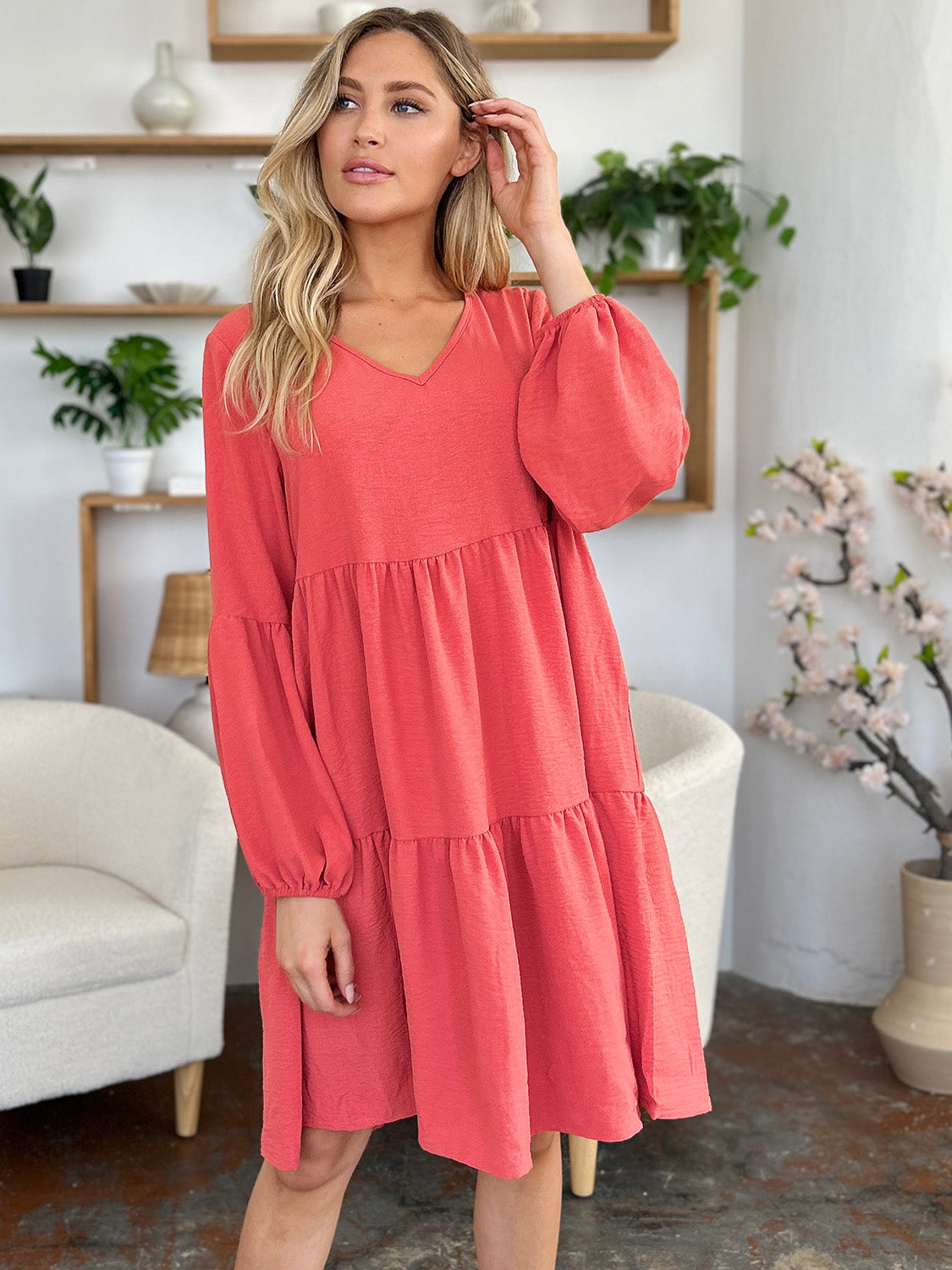 V-Neck Balloon Sleeve Tiered Dress with Pockets - Tigbul's Variety Fashion Shop