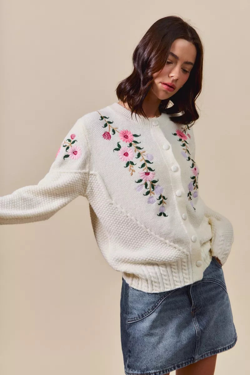 SO ME Floral Embroidered Coquette Sweater Cardigan - Tigbul's Variety Fashion Shop