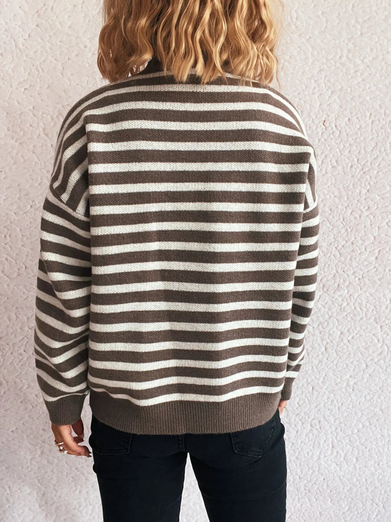 Striped Mock Neck Long Sleeve Sweater - Tigbul's Variety Fashion Shop