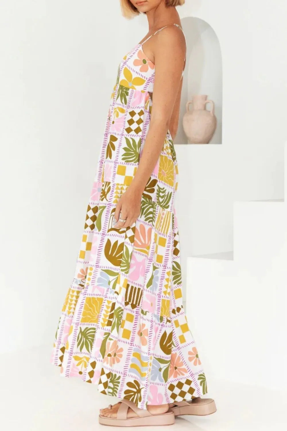 Cutout Back Printed Square Neck Maxi Cami Dress - Tigbul's Variety Fashion Shop