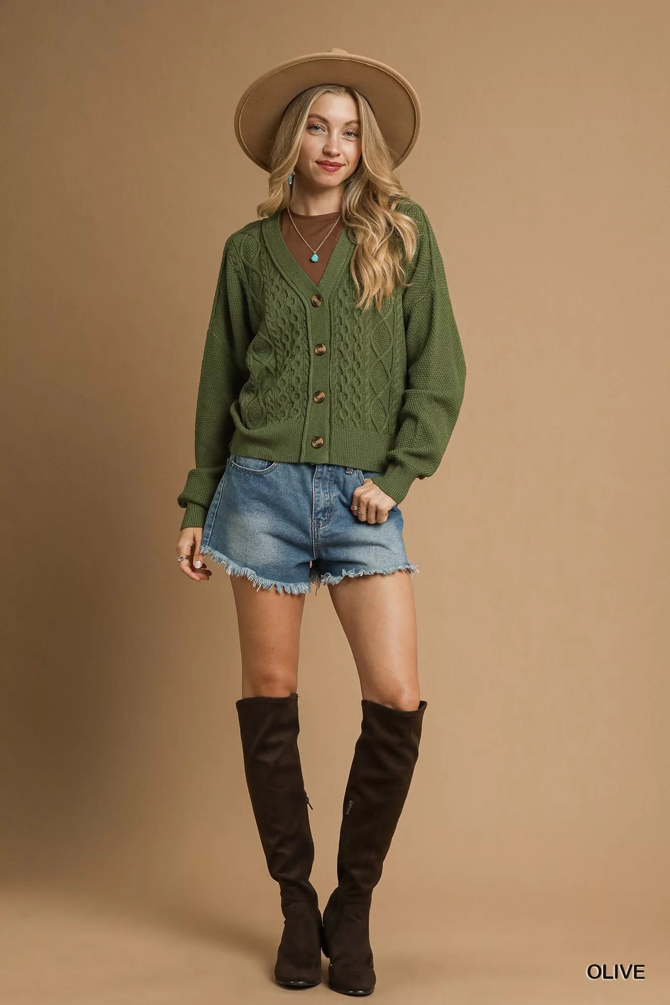 Olive Green Chunky Cable Knit V-Neck Button-Up Cardigan - Tigbul's Variety Fashion Shop