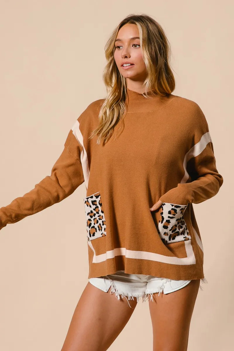 BiBi Mock Neck Sweater with Leopard Pocket - Tigbul's Variety Fashion Shop