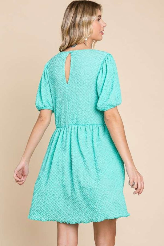 Mint Green Textured Round Neck Puff Sleeve Dress - Tigbul's Variety Fashion Shop