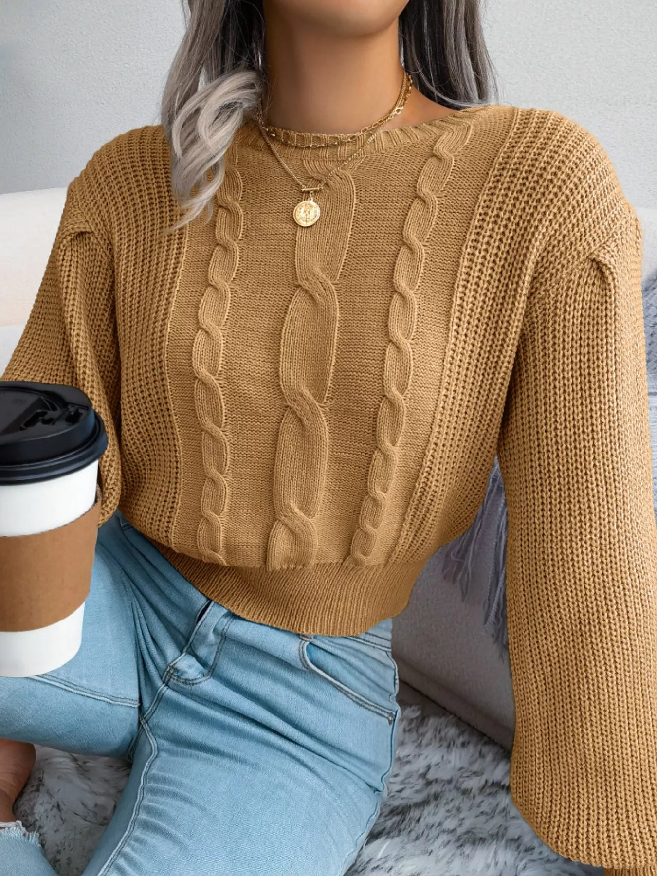 Cable Knit Round Neck Cropped Sweater - Tigbul's Variety Fashion Shop