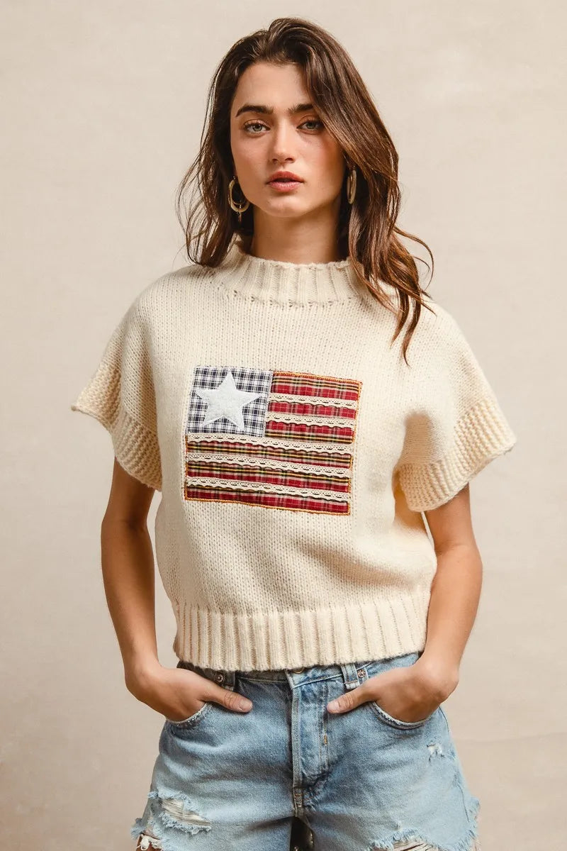 BiBi American Flag Patchwork Drop Shoulder Sweater - Tigbul's Variety Fashion Shop