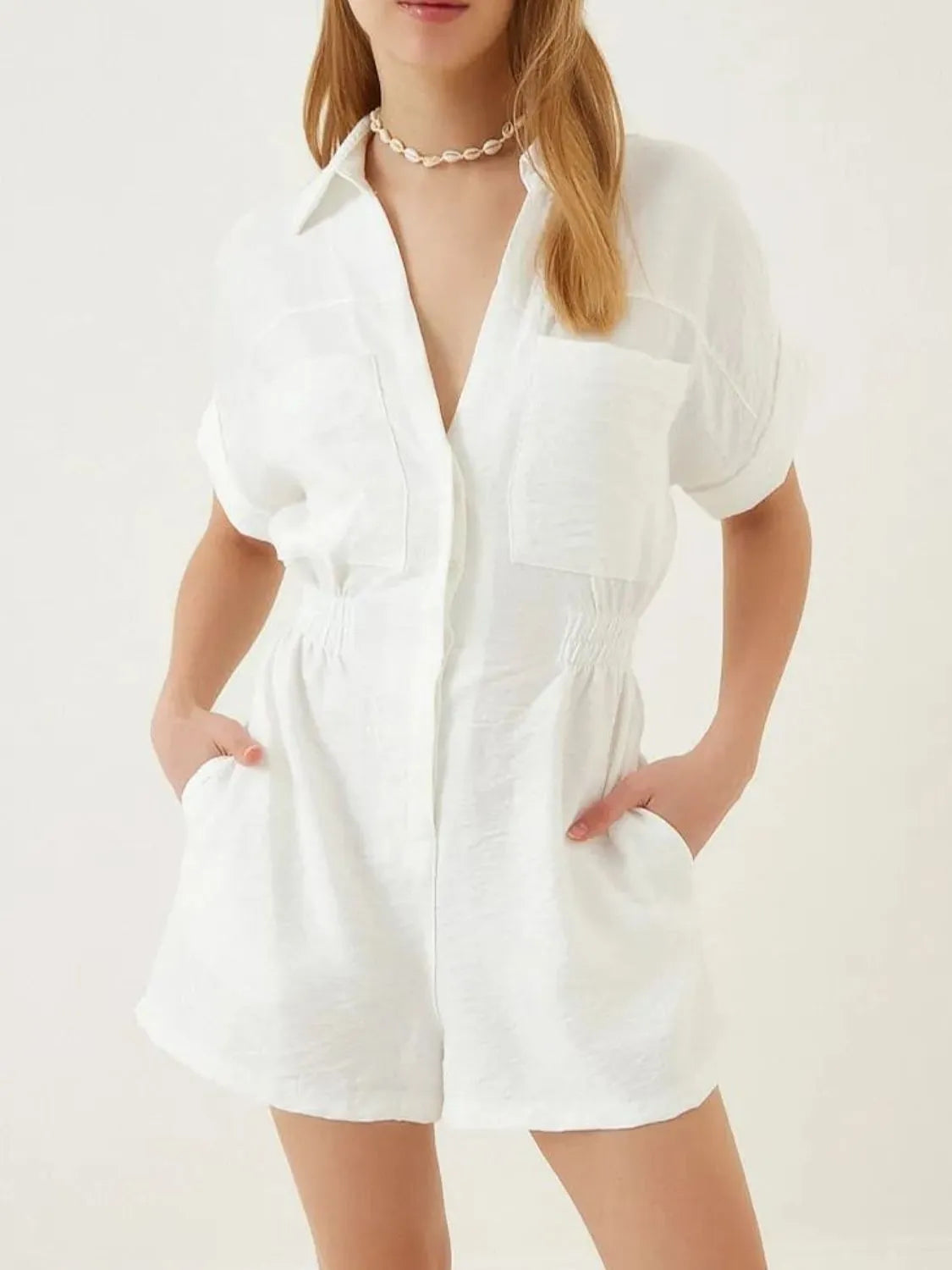 Johnny Collar Short Sleeve Romper - Tigbul's Variety Fashion Shop
