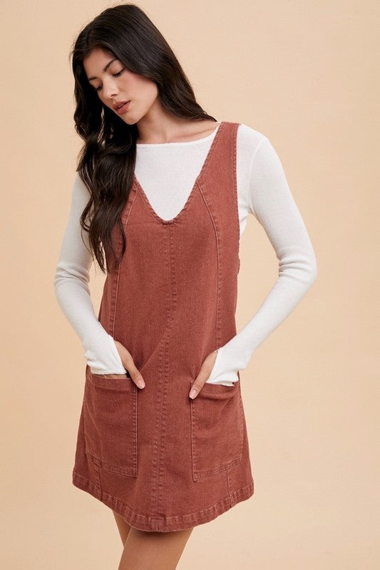 V-Neck Adjustable Strap Denim Overall Dress with Pockets - Tigbul's Variety Fashion Shop