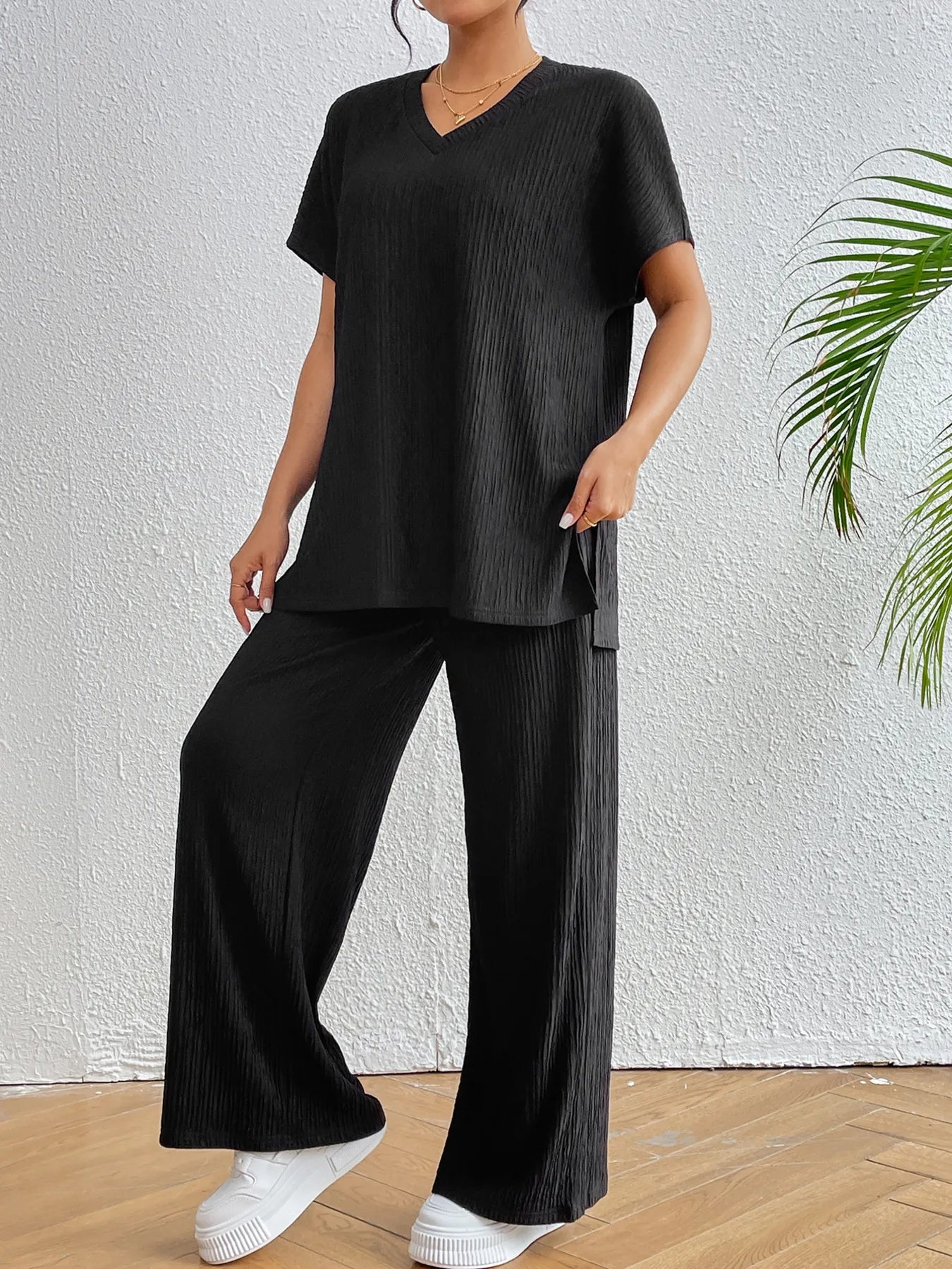V-Neck Short Sleeve Top and Pants Set - Tigbul's Variety Fashion Shop
