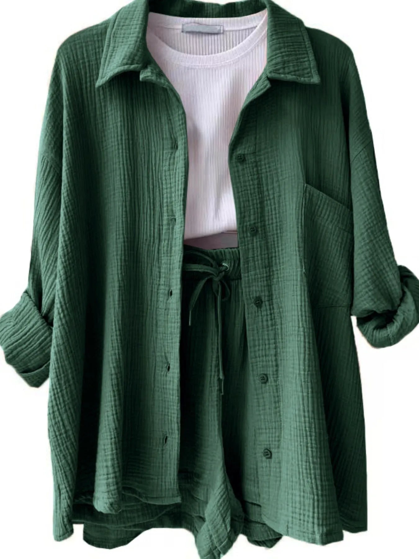 Textured Button Up Shirt and Shorts Set - Tigbul's Variety Fashion Shop