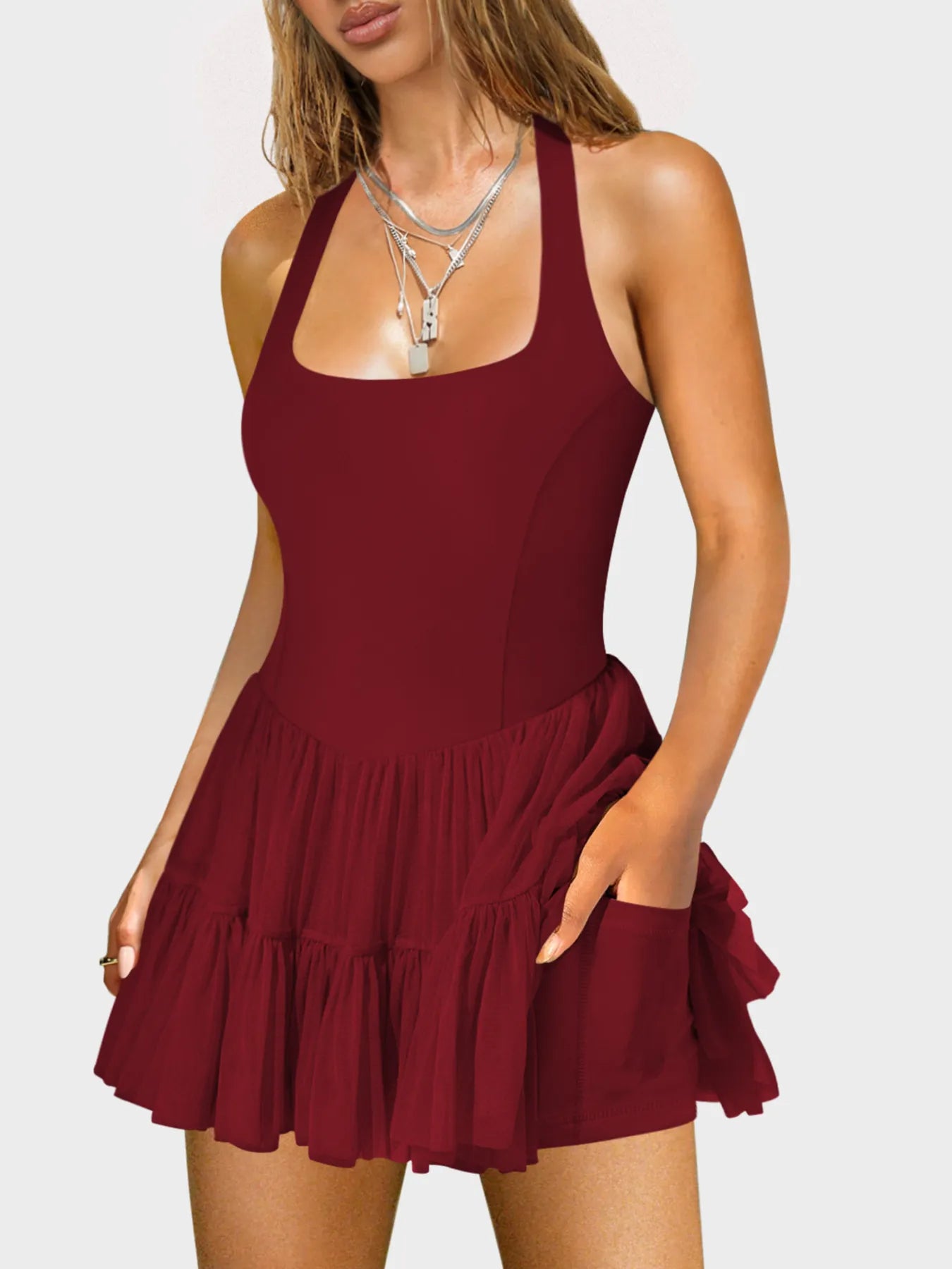 Crisscross Back Square Neck Mini Dress - Tigbul's Variety Fashion Shop
