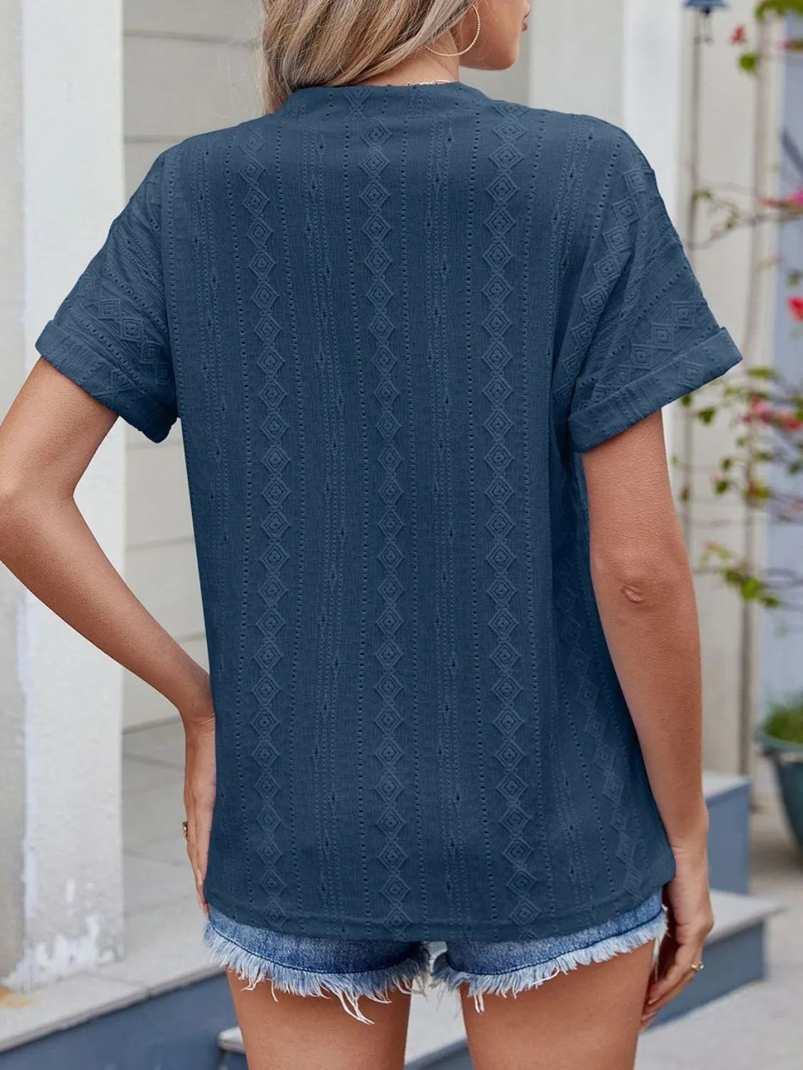 Eyelet Notched Short Sleeve Top - Tigbul's Variety Fashion Shop