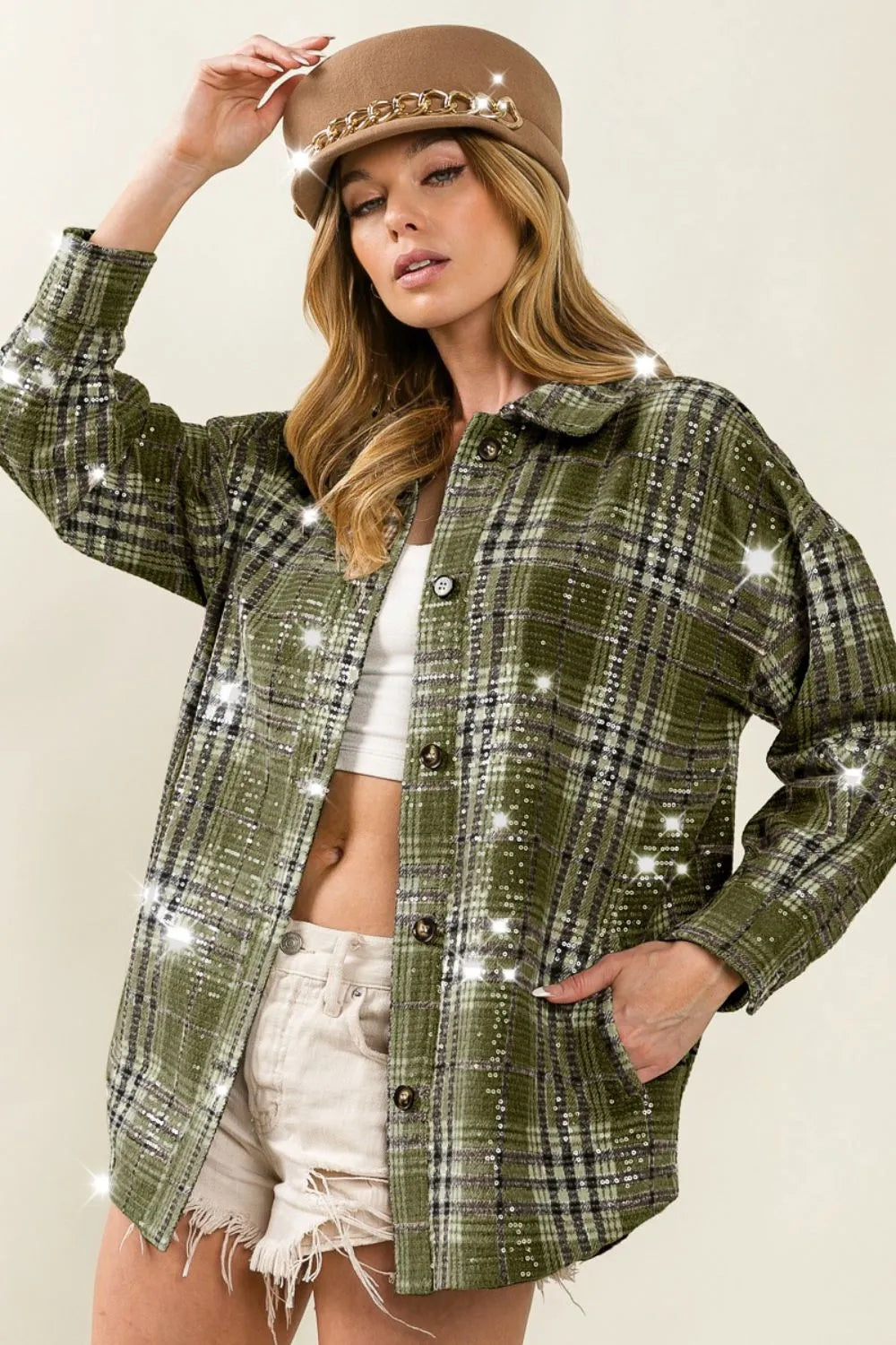 Allover Clear Sequins Vintage Plaid Jacket - Tigbul's Variety Fashion Shop