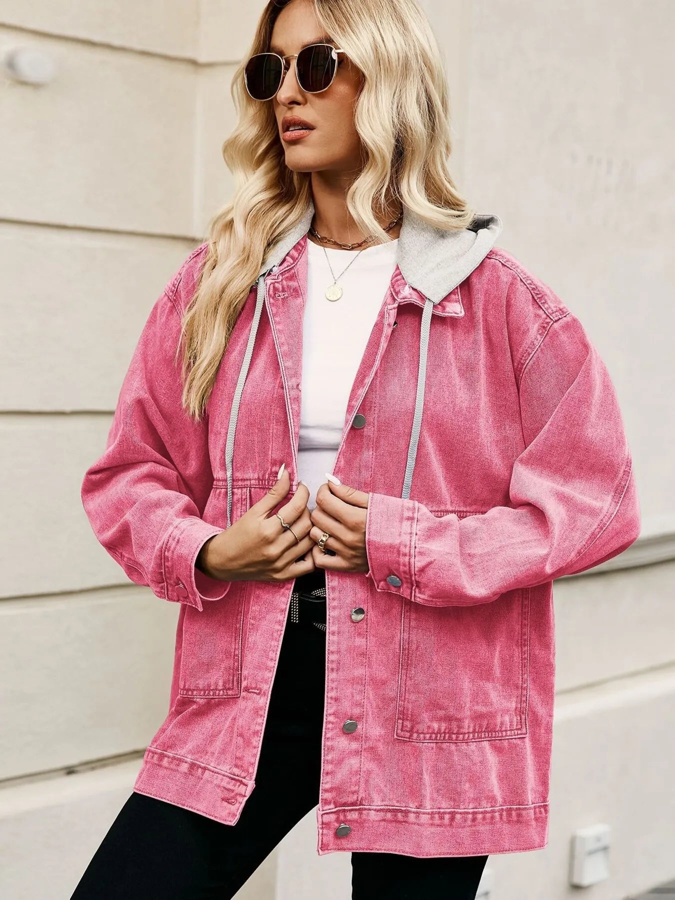 Oversized Button Up Denim Jacket with Hood - Tigbul's Variety Fashion Shop
