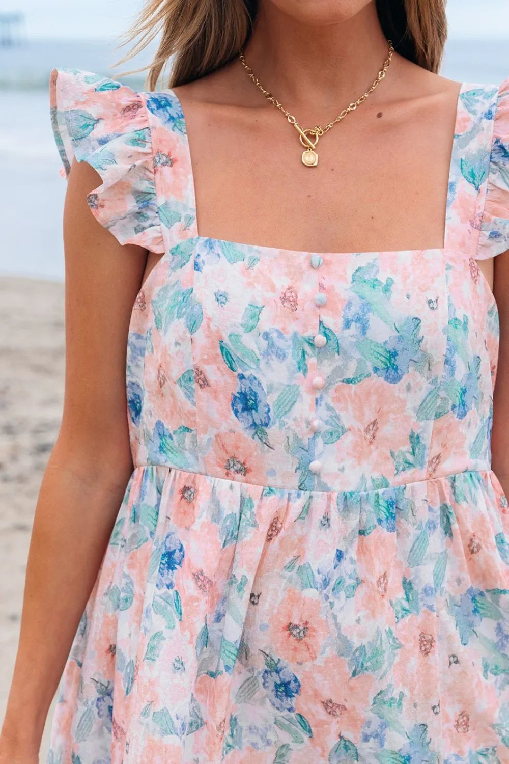 Pink Floral Colorblock Flutter Straps Flowy Dress - Tigbul's Variety Fashion Shop