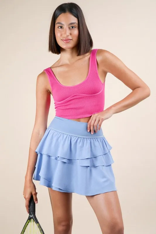 Blue Riffled Tiered Layers Activewear Skirt with Shorts - Tigbul's Variety Fashion Shop