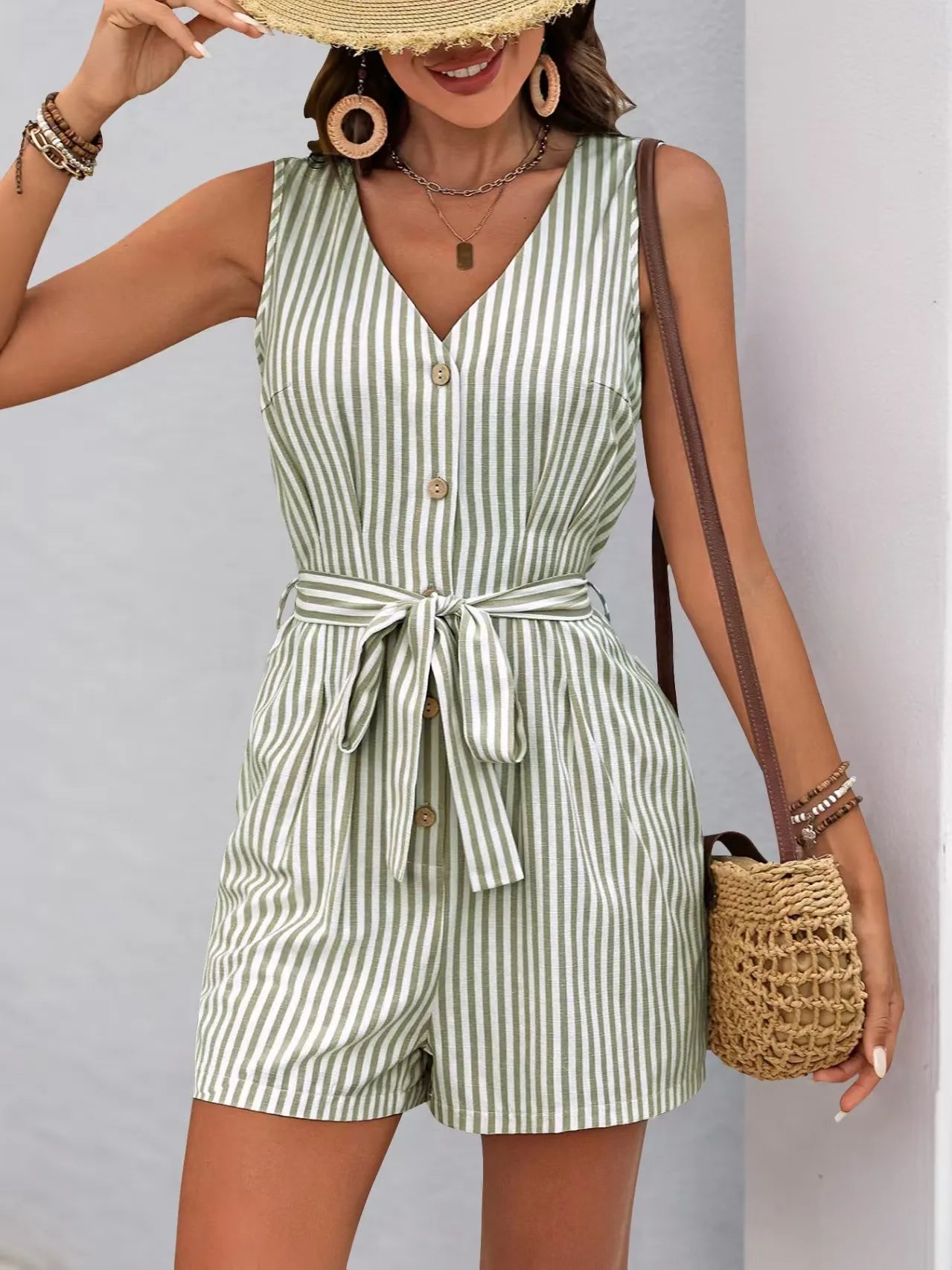 Striped V-neck Button Front Belted Romper - Tigbul's Variety Fashion Shop