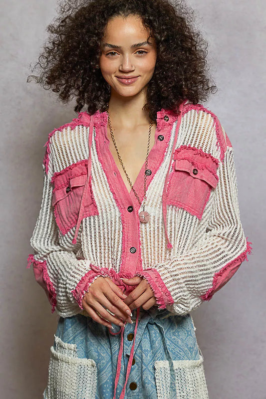 POL Texture Woven Button Down Hooded Shirt with Drawstring Hem - Tigbul's Variety Fashion Shop