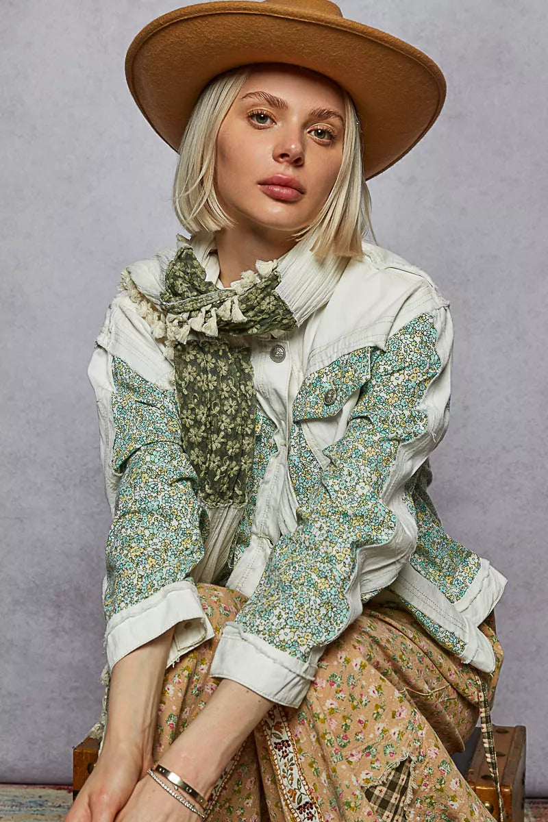 POL Button Down Patchwork Denim Jacket with Floral Print Details - Tigbul's Variety Fashion Shop