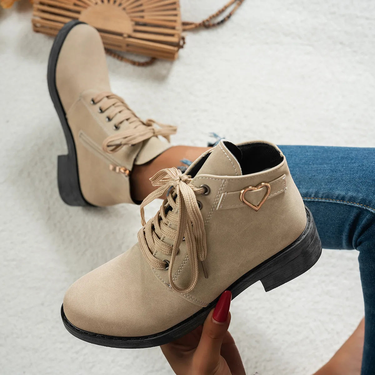 Lace-Up Ankle Boots with Heart Charm Detail - Tigbul's Variety Fashion Shop