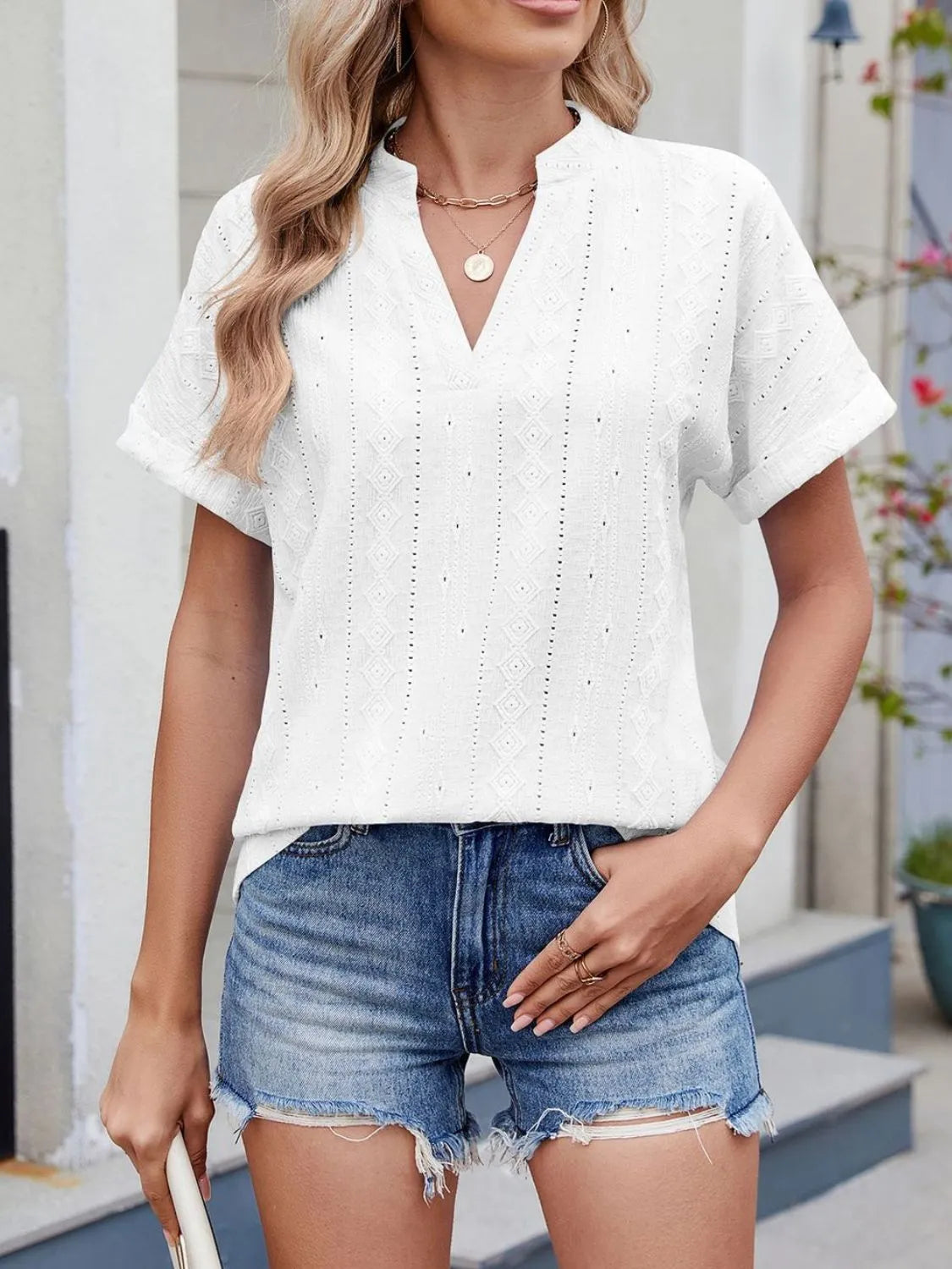 Eyelet Notched Short Sleeve Top - Tigbul's Variety Fashion Shop