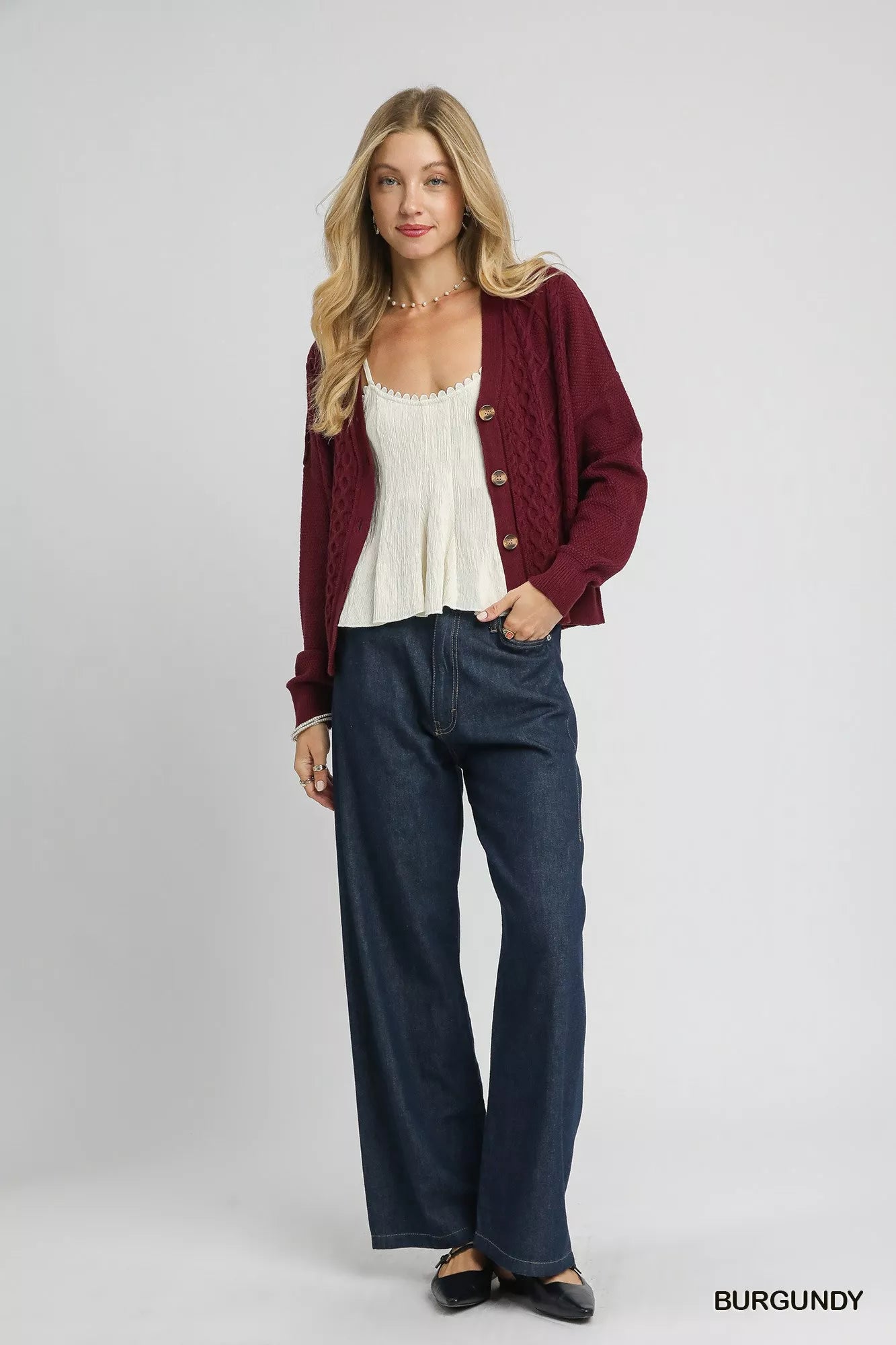 Umgee Chunky Cable Knit V-Neck Button-Up Cardigan - Tigbul's Variety Fashion Shop