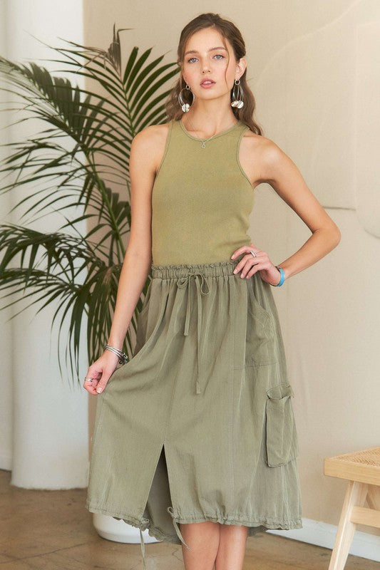 Lt. Olive Drawstring Sleeveless Washed Dress - Tigbul's Variety Fashion Shop