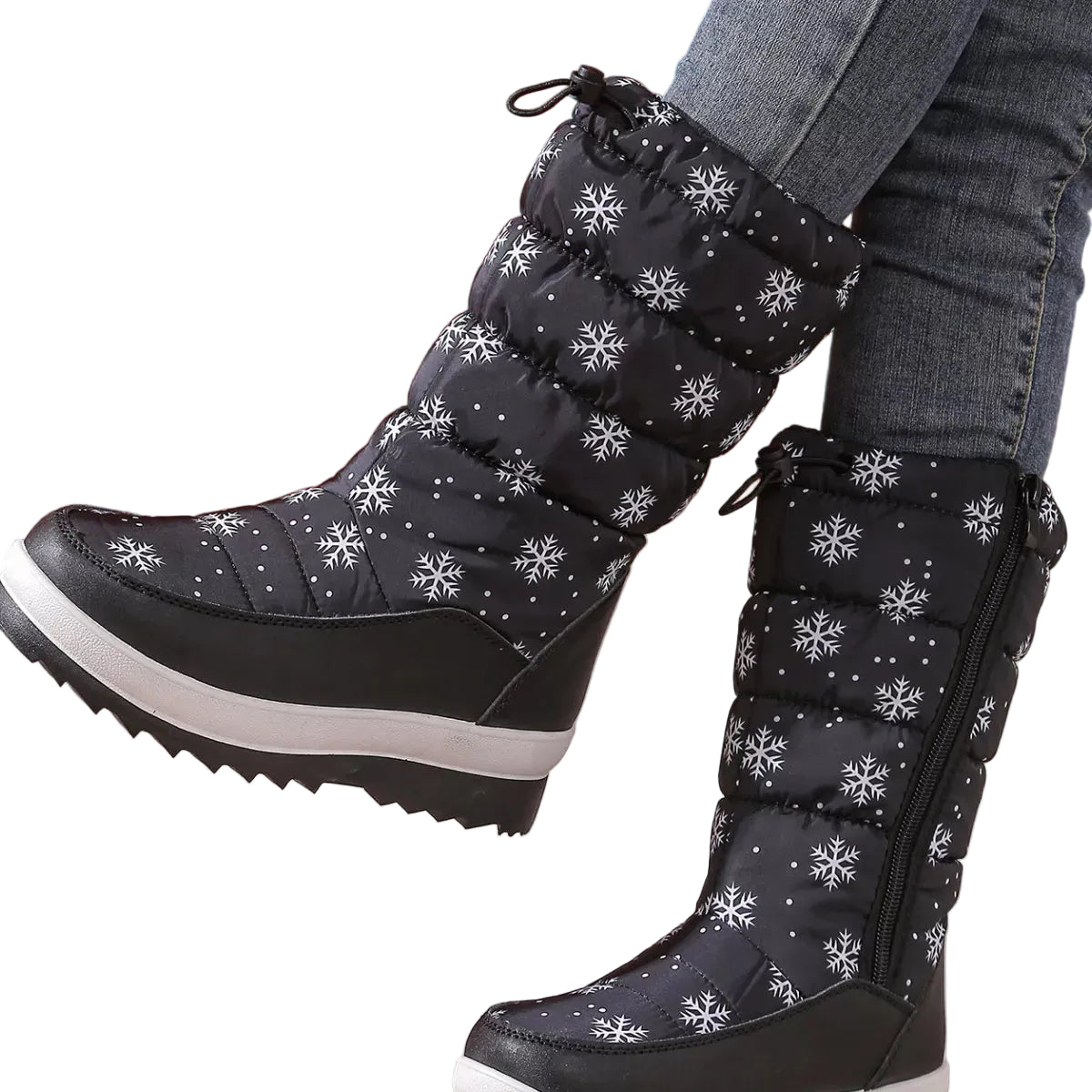 Snowflake Pattern Platform Black Winter Boots Drawstring - Tigbul's Variety Fashion Shop